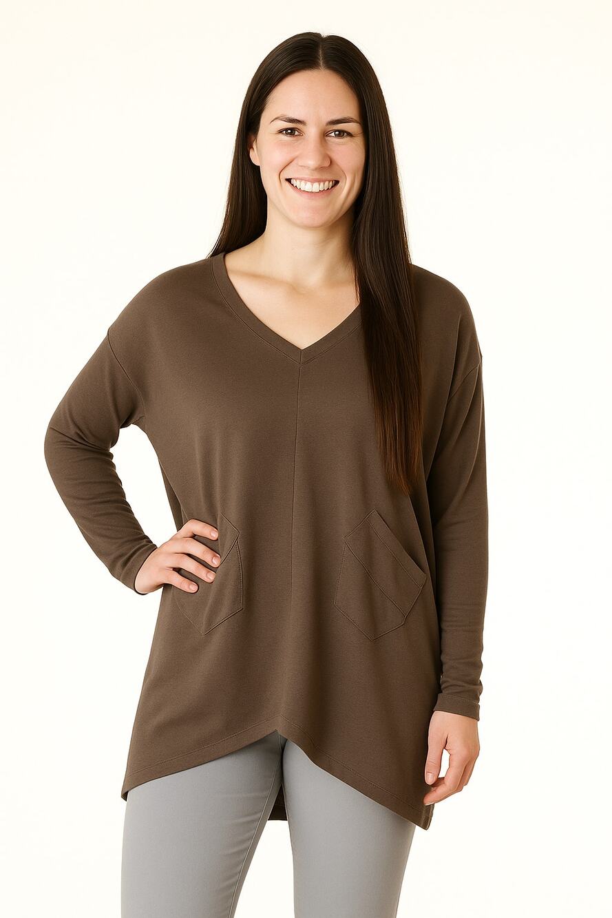 BRYN WALKER Alexis Tunic Top Mink Brown Size Small S Pockets LAGENLOOK OVERSIZED